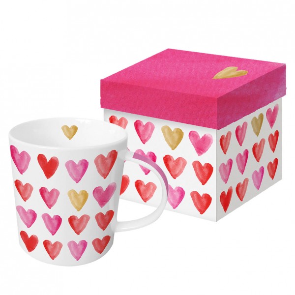 Aquarell Hearts Trend Mug in a matching square gift box real gold 350ml New Bone China