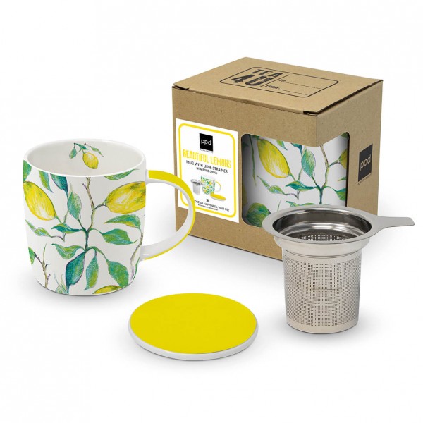 Beautiful Lemons Tea Mug with lid and strainer 350ml New Bone China