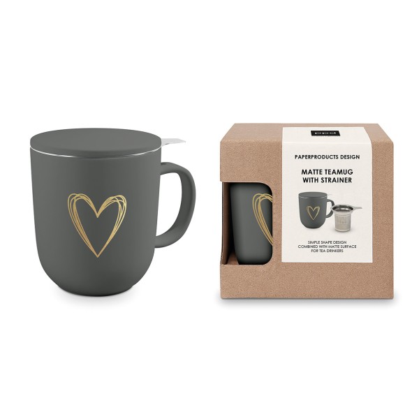 Pure Heart anthracite Tea Mug matte with strainer and lid New Bone China
