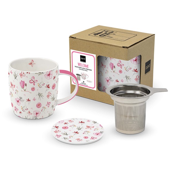 Welcome Tea Mug with lid and strainer 350ml New Bone China