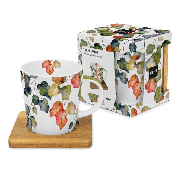 Bright Fall Tasse New Bone China mit Holzuntersetzer