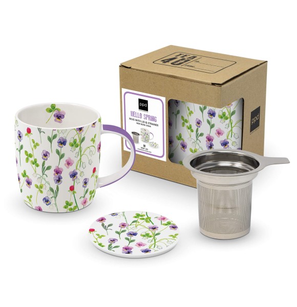Hello Spring Tea Mug with lid and strainer 350ml New Bone China