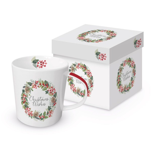Merry Wreath white Trend Mug in a matching square gift box 350ml New Bone China