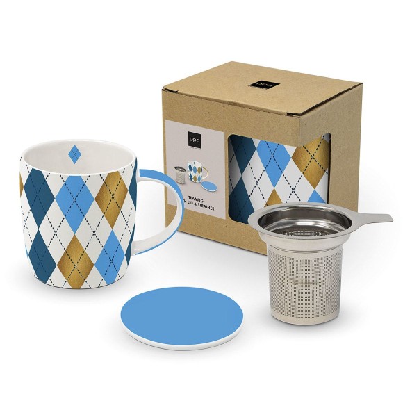 Mulberry blue Tea Mug with lid and strainer 350ml New Bone China