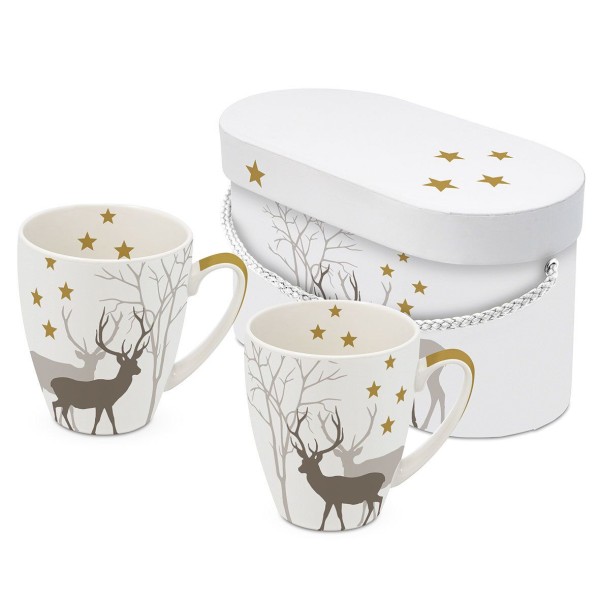 Winter Deers white Mugs set of 2 in gift box 350ml New Bone China