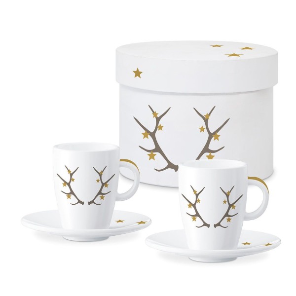 Winter Antler Espresso Mugs set of 2 in gift box, New Bone China, 75ml
