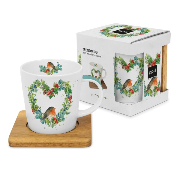 Robin Heart Tasse New Bone China mit Holzuntersetzer