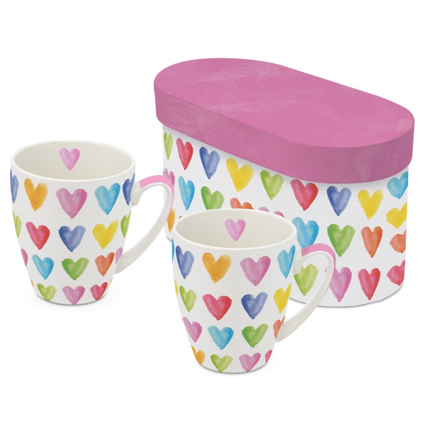 Aquarell Hearts Mugs set of 2 in gift box 350ml New Bone China