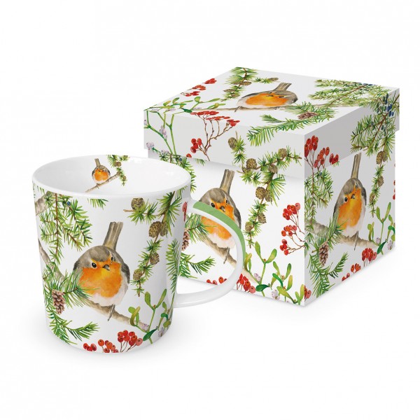 Robin in Tree Trend Mug in a matching square gift box 350ml New Bone China