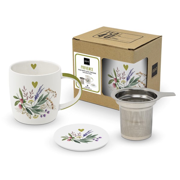 Provence Tea Mug with lid and strainer 350ml New Bone China