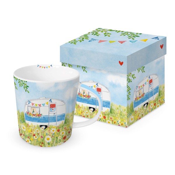 Happy Camping Trend Mug in a matching square gift box 350ml New Bone China