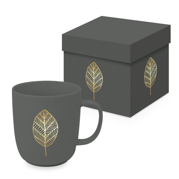 Pure Gold Leaves anthracite Mug matte in gift box 350ml New Bone China