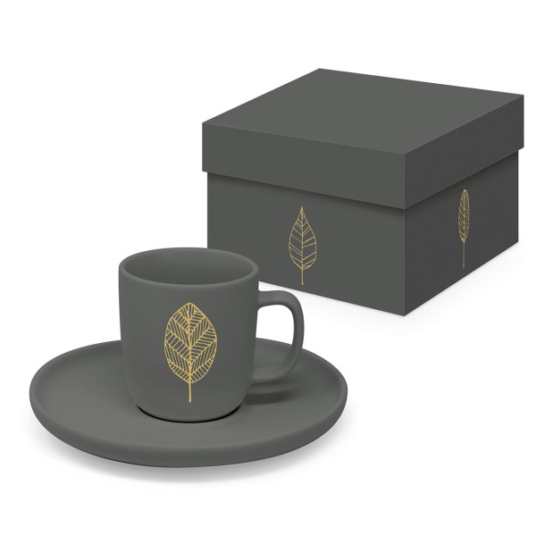 Pure Gold Leaves anthracite Espresso Mug mit mattefinish in gift box New Bone China 0,1l