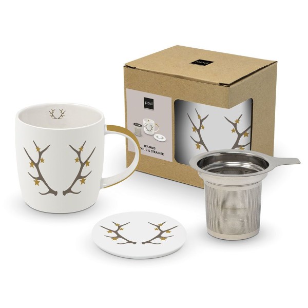 Winter Antler Tea Mug with lid and strainer 350ml New Bone China