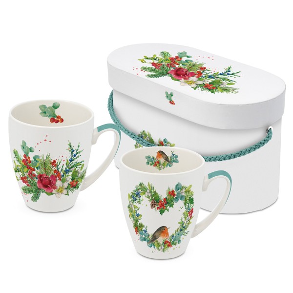 Robin Heart & Flora Christmas Mugs set of 2 in gift box 350ml New Bone China