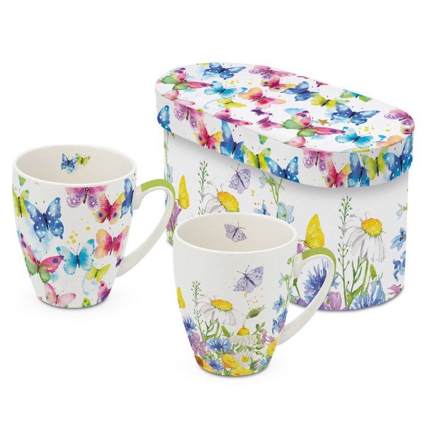 Butterfly & Flowers Mugs set of 2 in gift box 350ml New Bone China