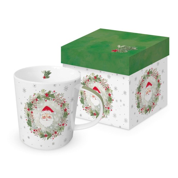 Wreath & Santa Mug in gift box New Bone China 400 ml
