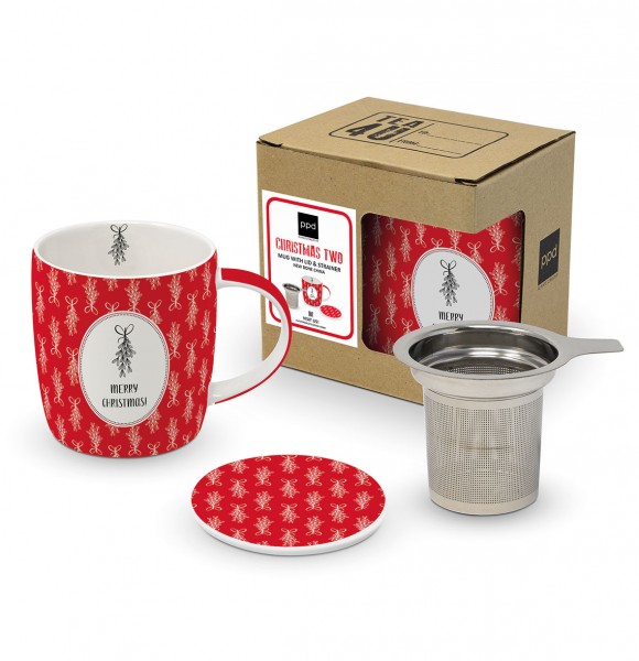 Christmas Two Tea Mug with lid and strainer 350ml New Bone China