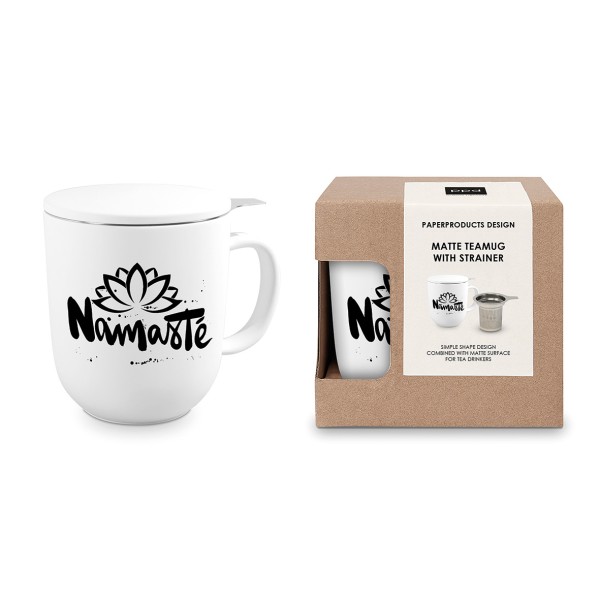 Namasté white Tea Mug matte with strainer and lid New Bone China